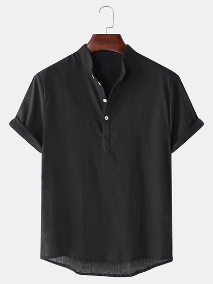 Herren Hemd Kurzarm Modern Henley Ausschnitt Baumwolle