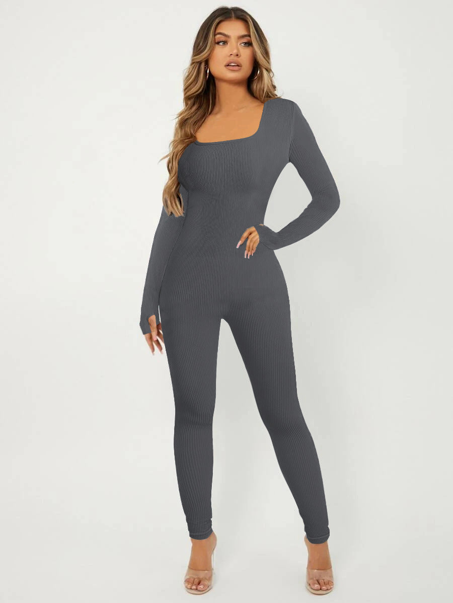 Elegante Damen Jumpsuit Langarm Rippenmuster Chic