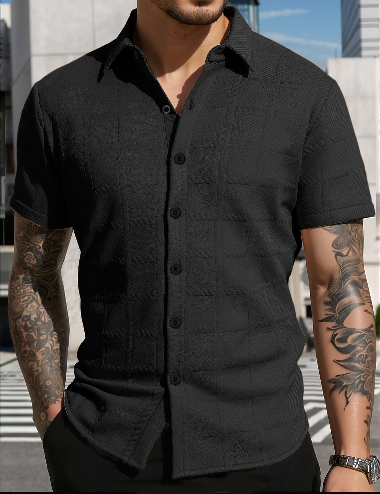 Herren Hemd Kurzarm Modern Strukturiert Elegant