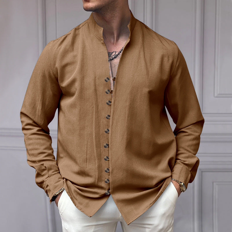 Herren Leinenhemd Modern Stehkragen Elegante Knöpfe