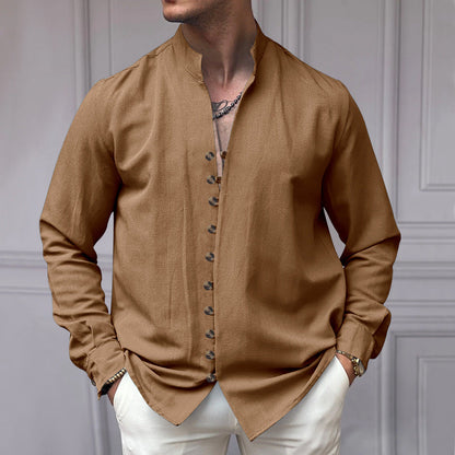 Herren Leinenhemd Modern Stehkragen Elegante Knöpfe
