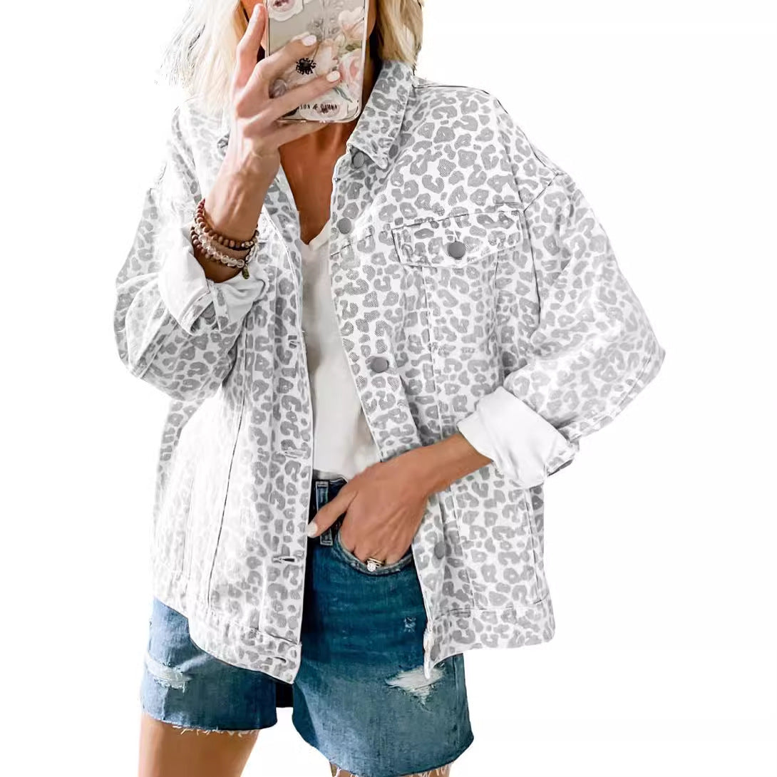 Damen Jeansjacke Lässig Mit Leopard-Druck Modern