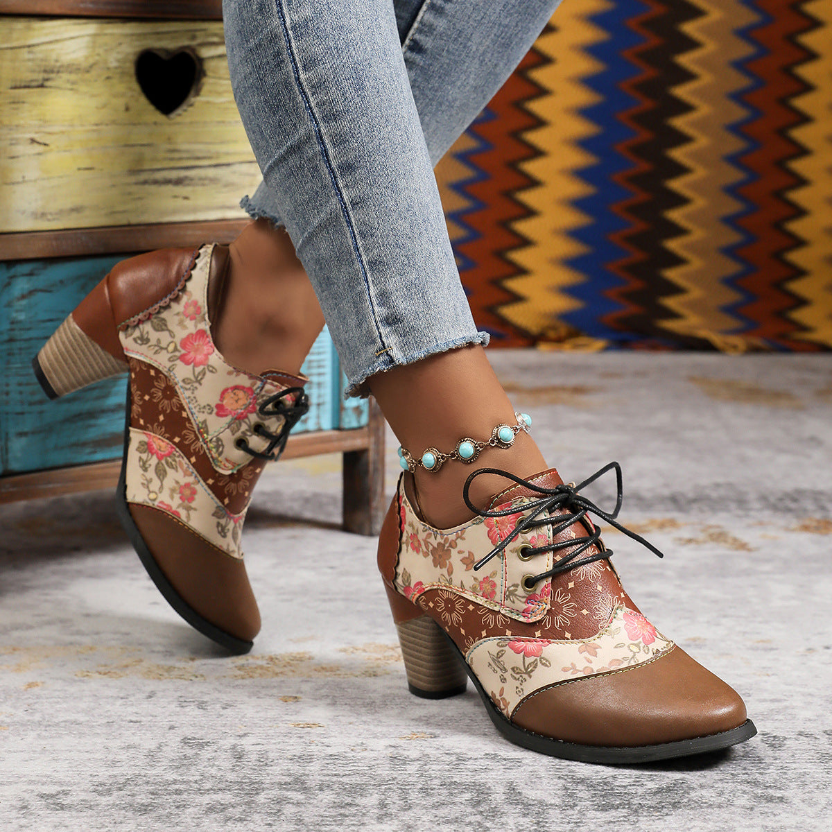 Damen Stiefeletten Blumenmuster Komfort Blockabsatz