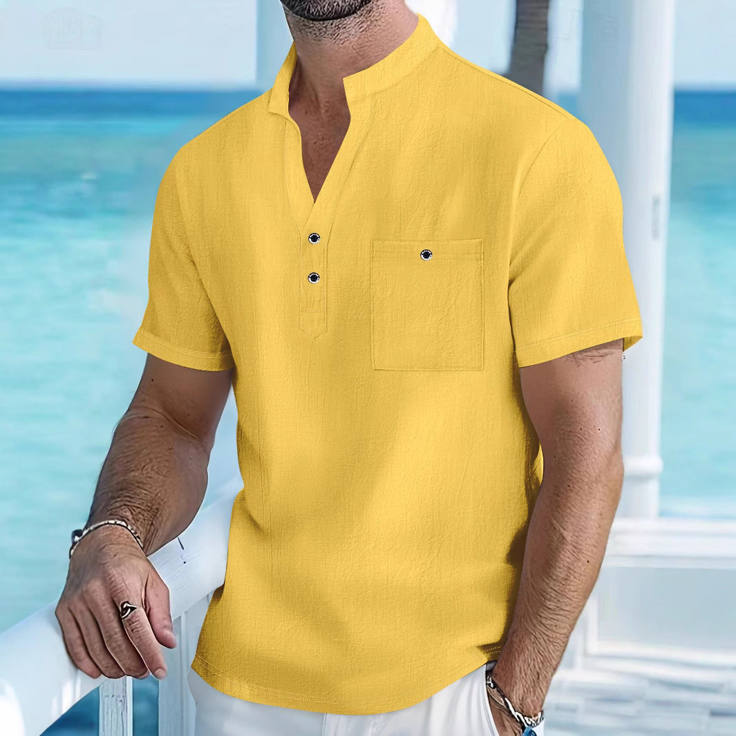 Herren Hemd Kurzarm Henley Ausschnitt mit Brusttasche Modern