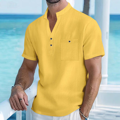 Herren Hemd Kurzarm Henley Ausschnitt mit Brusttasche Modern