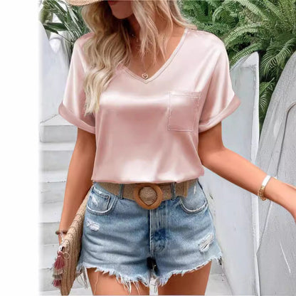 Damen T-Shirt V-Ausschnitt mit Brusttasche Lässig Elegant - BerlinGlamour