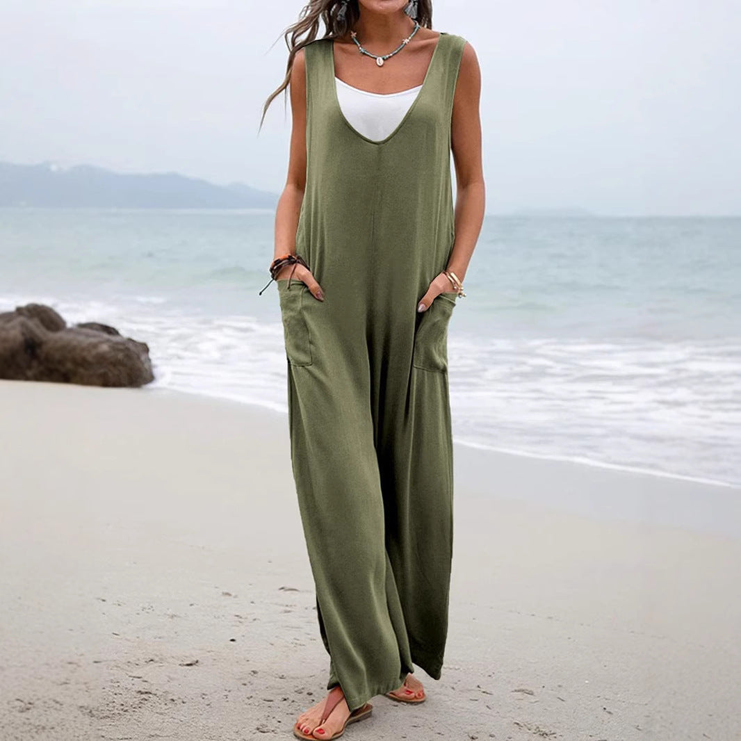 Sommer Jumpsuit Damen Weit mit Taschen und V-Ausschnitt