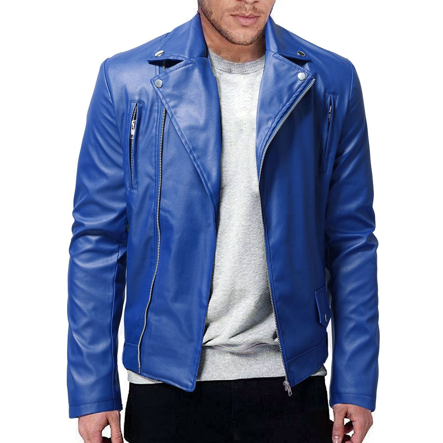 Herren Lederjacke Biker Stil mit Taschen Schwarz