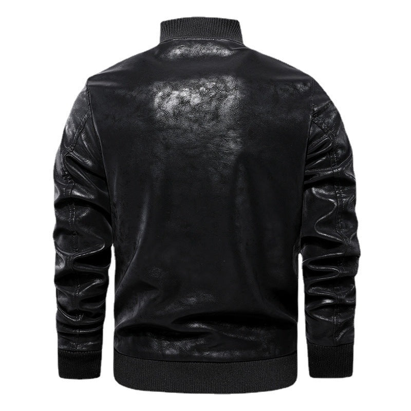 Herren Lederjacke Bomber Modisch Bestickt Kunstleder Schwarz