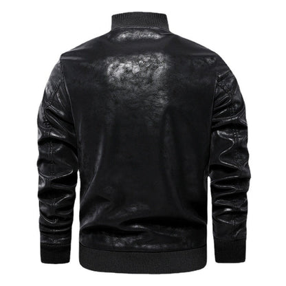 Herren Lederjacke Bomber Modisch Bestickt Kunstleder Schwarz