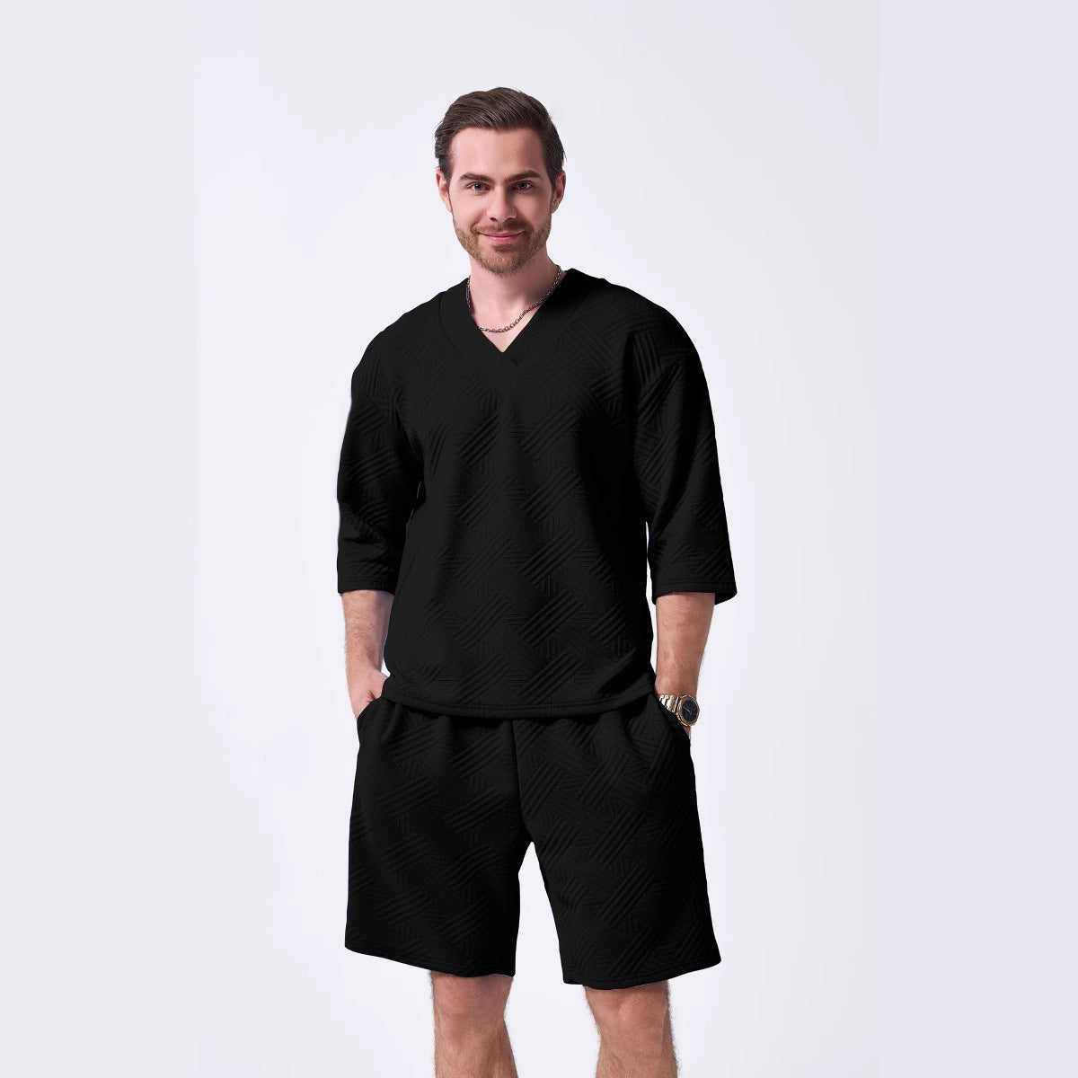 Herren Freizeit Set Lässiger V-Ausschnitt Pullover Shorts