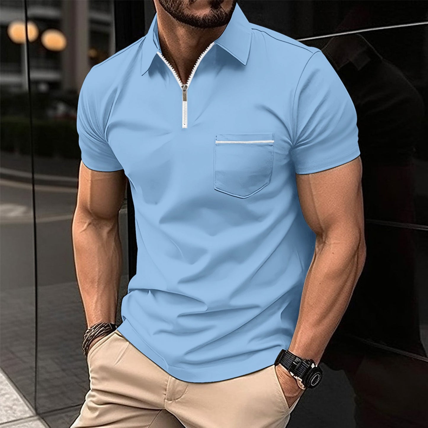 Herren Poloshirt Kurzarm mit Reißverschluss und Brusttasche Modern