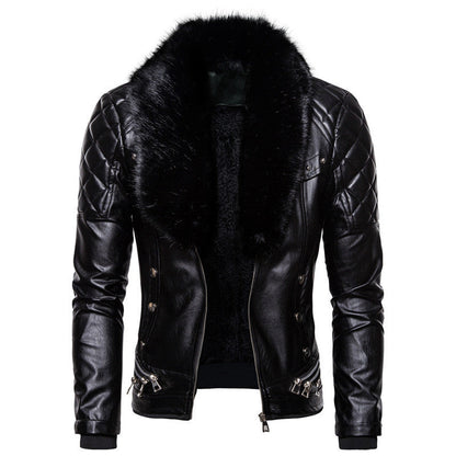Lederjacke Herren Kunstleder mit Fellkragen Gesprenkelt Modern
