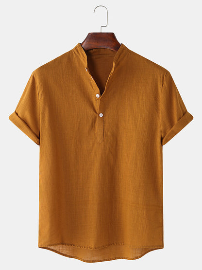 Herren Hemd Kurzarm Modern Henley Ausschnitt Baumwolle