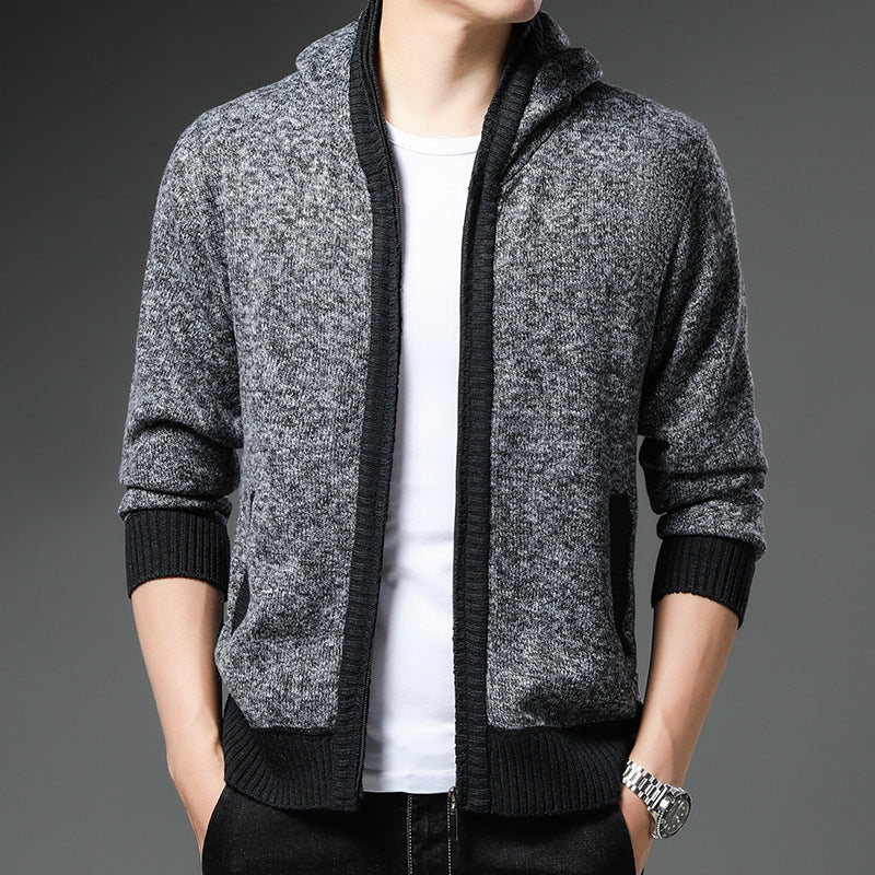 Herren Strickjacke Modern mit Kapuze Schwarz Weiß