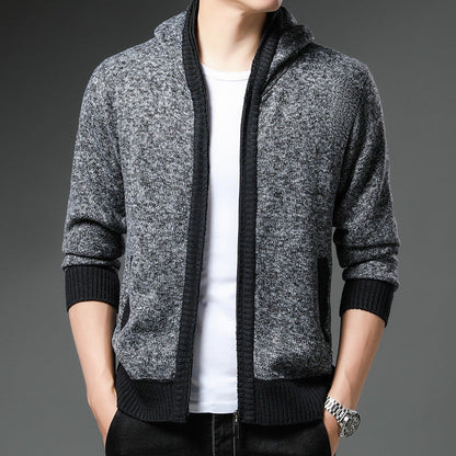 Herren Strickjacke Modern mit Kapuze Schwarz Weiß