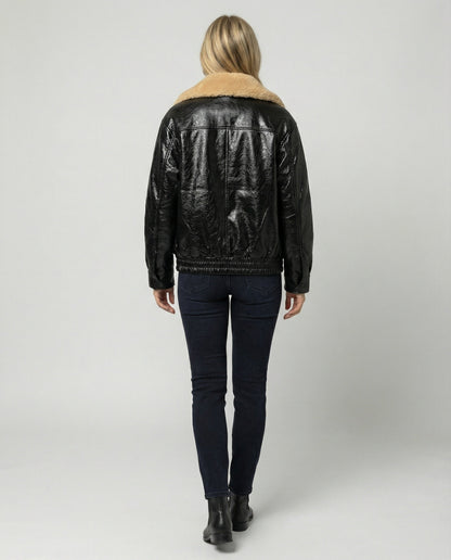 Damen Kunstleder-Bomberjacke Glänzend Teddykragen Modern