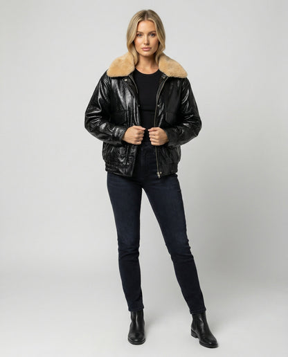Damen Kunstleder-Bomberjacke Glänzend Teddykragen Modern