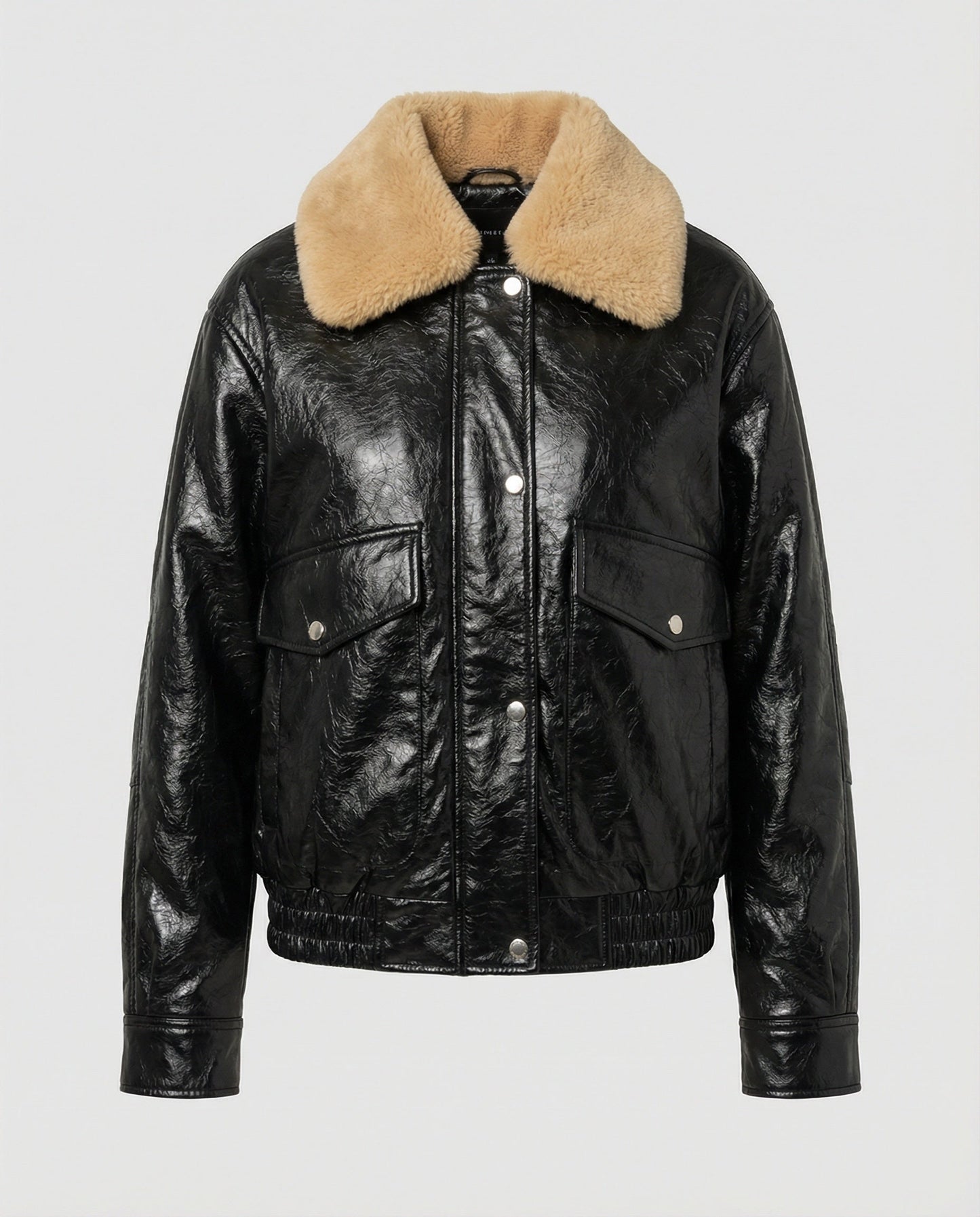 Damen Kunstleder-Bomberjacke Glänzend Teddykragen Modern