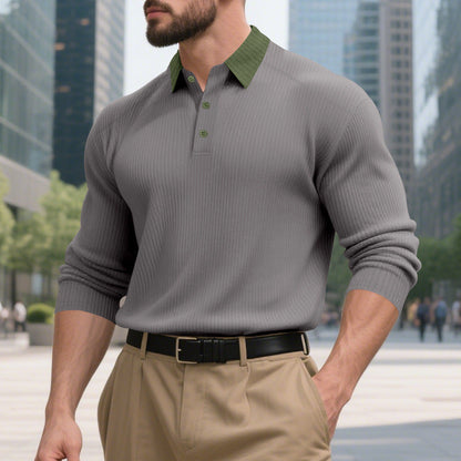 Herren Langarm T-Shirt Strukturiert Moderner Kragen