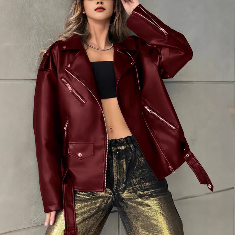 Leder Bikerjacke Damen Nieten Schwarz Lederoptik