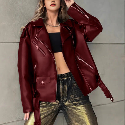 Leder Bikerjacke Damen Nieten Schwarz Lederoptik