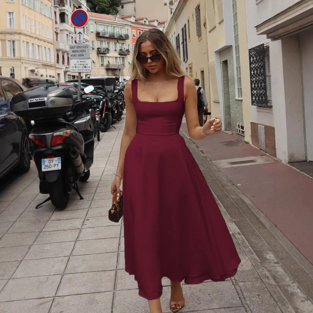 A-Linie Maxikleid Quadrat-Ausschnitt Damenkleid Lang