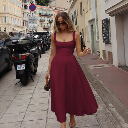 A-Linie Maxikleid Quadrat-Ausschnitt Damenkleid Lang