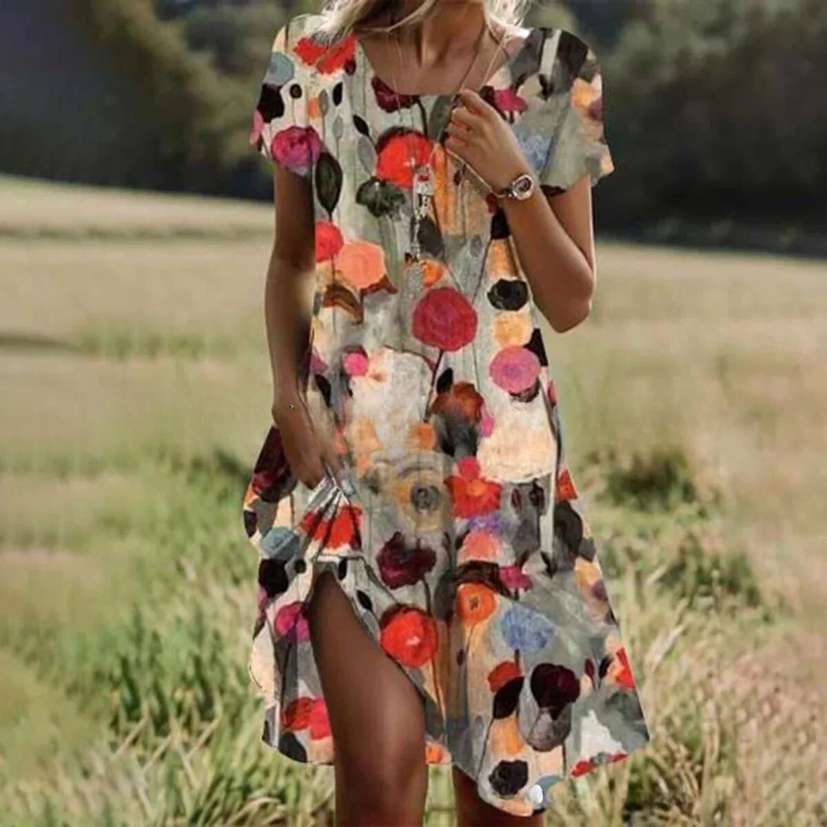 Damen Maxikleid Lässig Floralmuster Beinschlitz Sommerkleid
