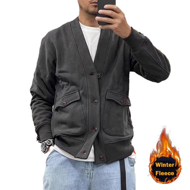 Herren Fleecejacke Warm mit Knöpfen und Taschen