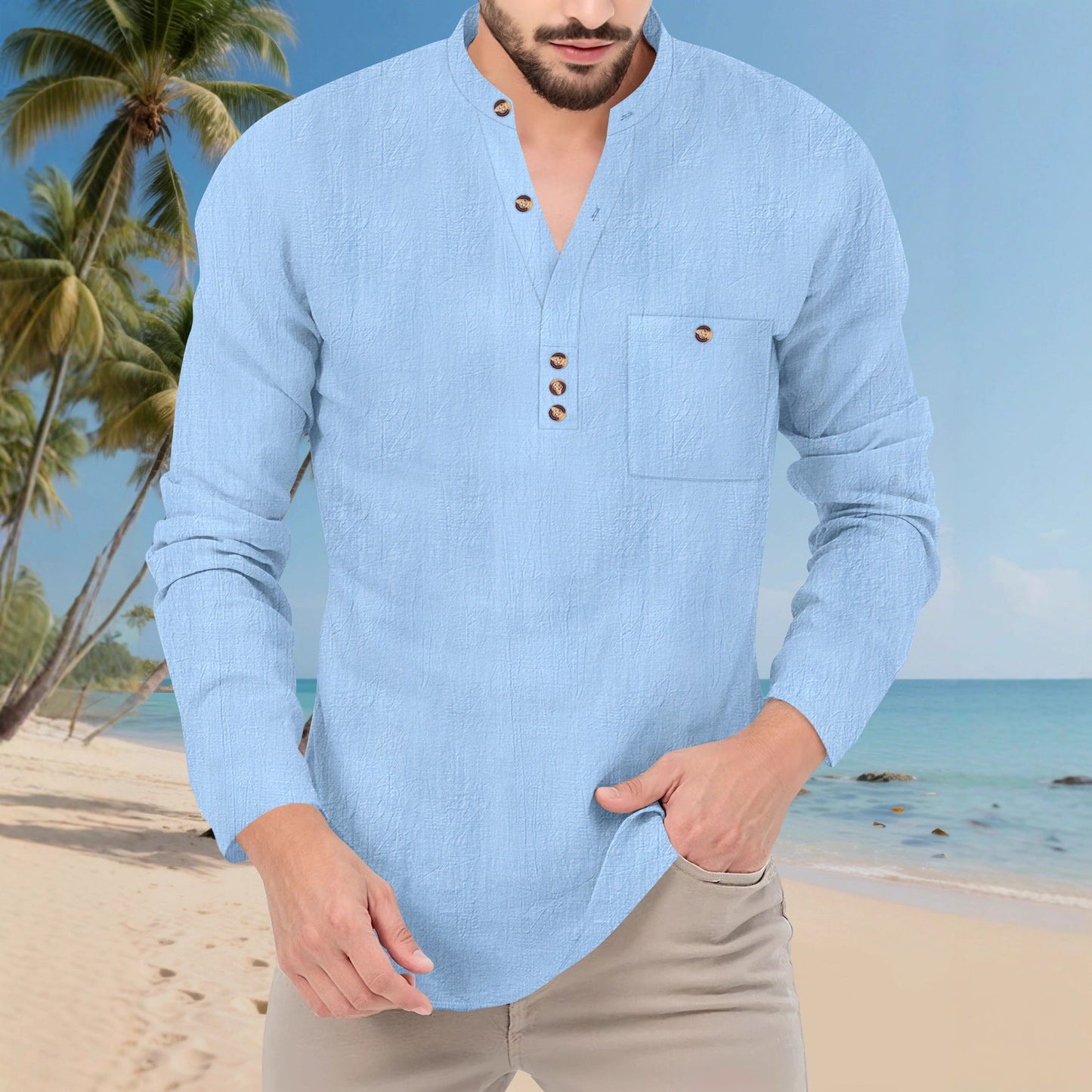 Herren Langarmshirt Mit Knopfleiste Und Brusttasche Modern Casual