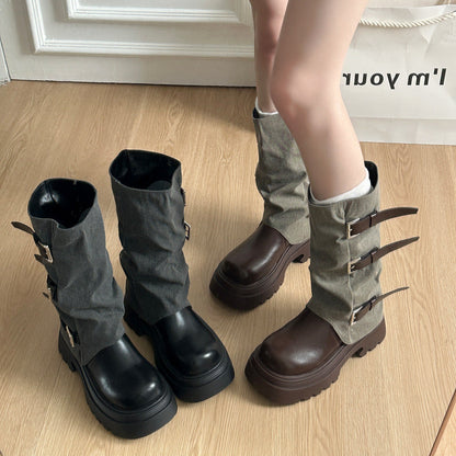 Damen Boots Schnallenverzierung Plateau Heel Stiefel Damen Mode