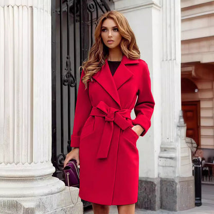 Eleganter Damen Trenchcoat Lang mit Gürtel und Taschen