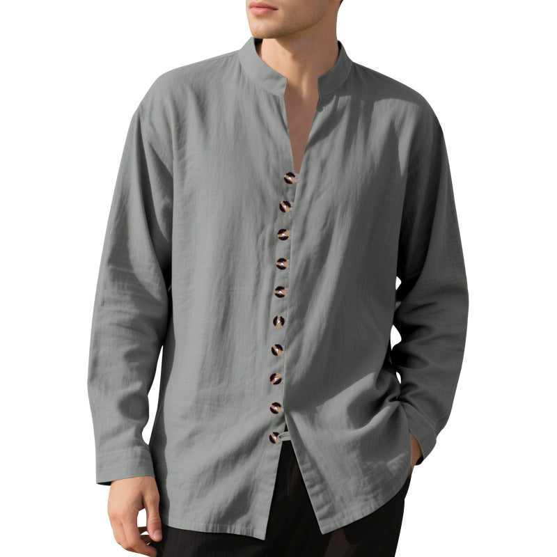 Herren Langarmhemd Elegantes Stehkragenhemd Mit Knöpfen Schwarzes Hemd