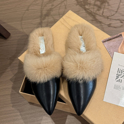 Damen Ballerina Schuhe Luxus Kunstfell Kragen Elegante Mode