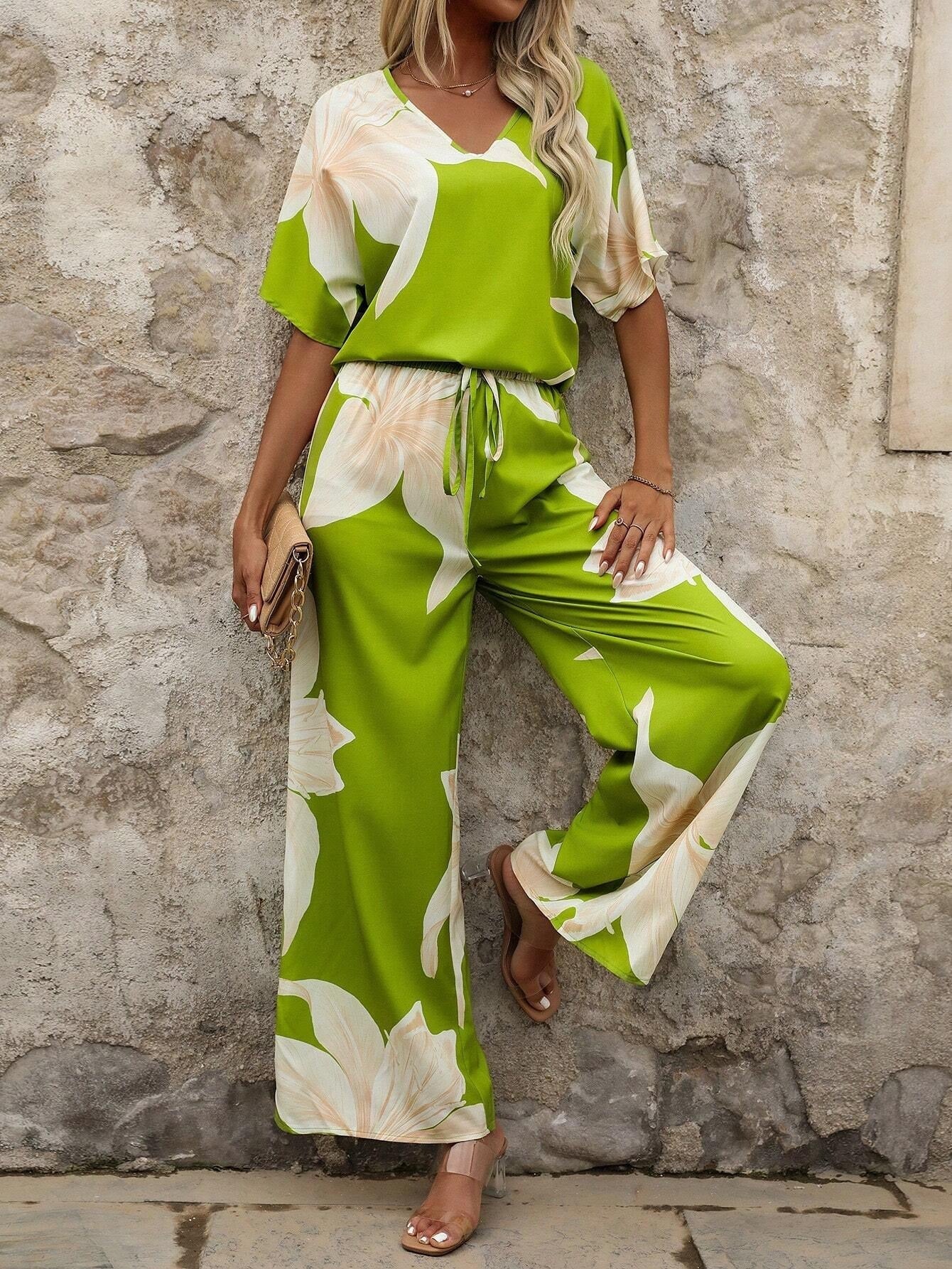 Damen Hosenanzug Elastisch Floral Modern