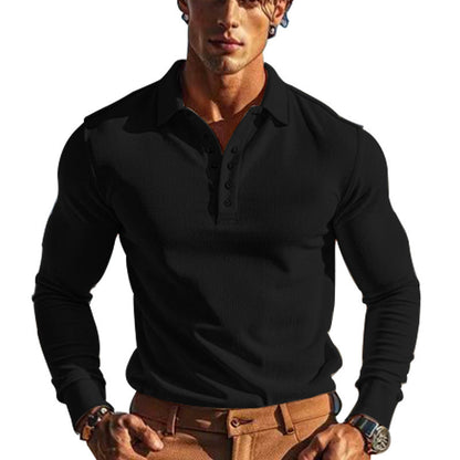 Herren Polo Langarm mit Knöpfen und Struktur Optik Modern