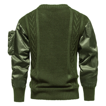 Herren Grobstrickpullover Modern mit Lederärmeln Schwarz