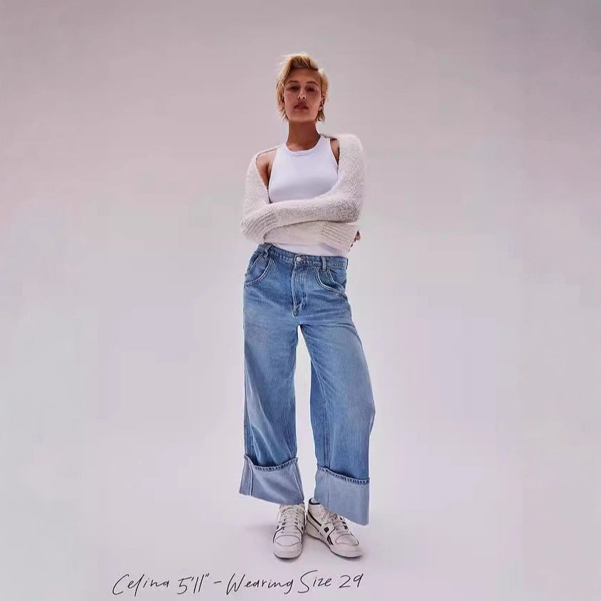 Damen Jeans Weite Bein Umgeschlagener Saum