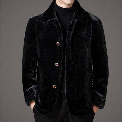 Herren Plüschjacke Elegante Knopfverschluss Schwarz