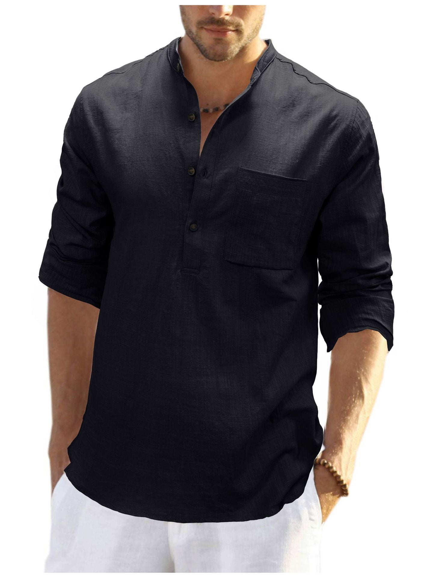 Herren Langarmshirt Leinen Mit Brusttasche Bequem