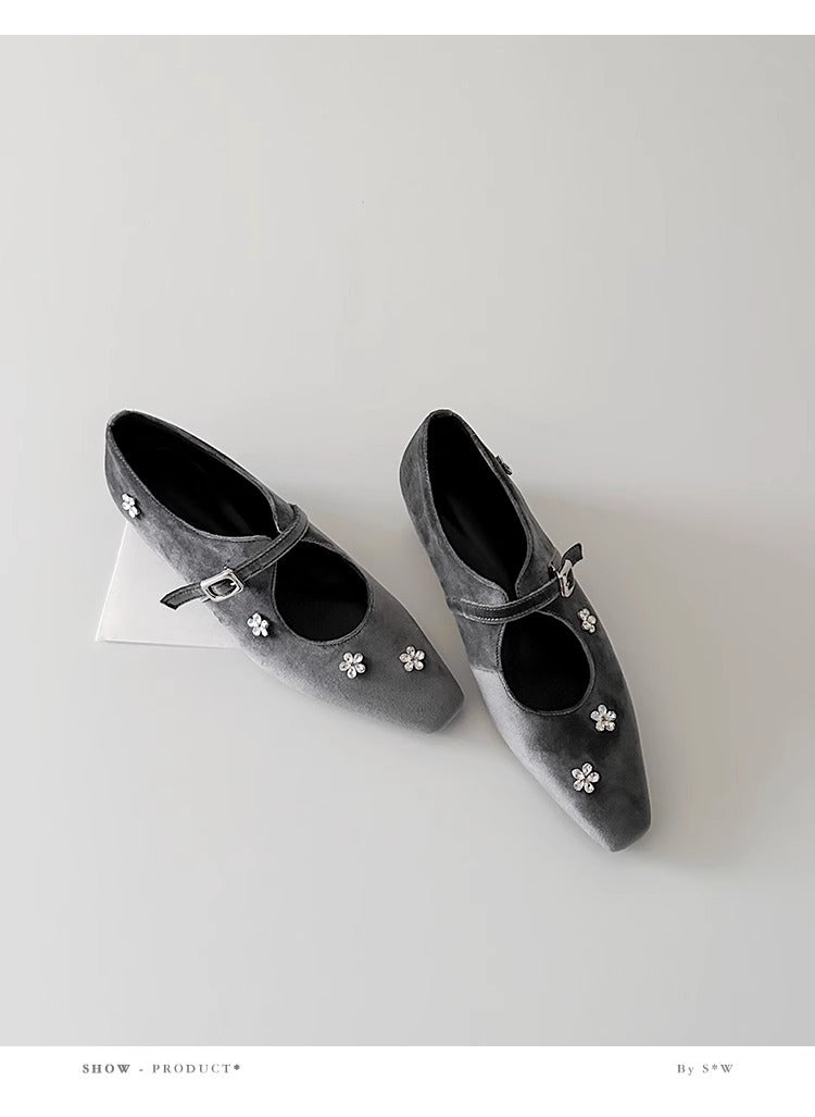 Damen Slingback Ballerinas Schuhe mit Blumen Applikationen und Komfortabsatz
