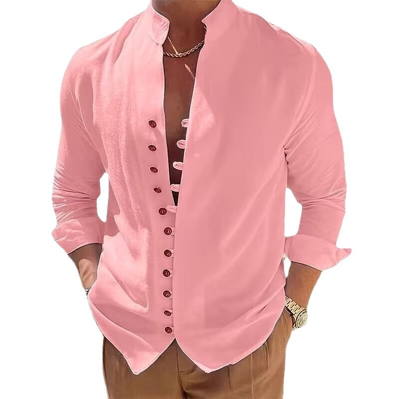 Herren Langarmhemd Modern mit Knopfleiste und Stehkragen