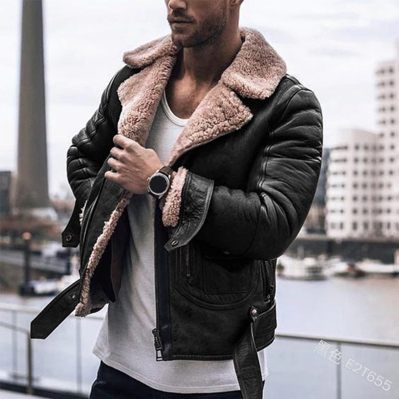 Lederjacke Herren Schick Kunstfellkragen Schwarz
