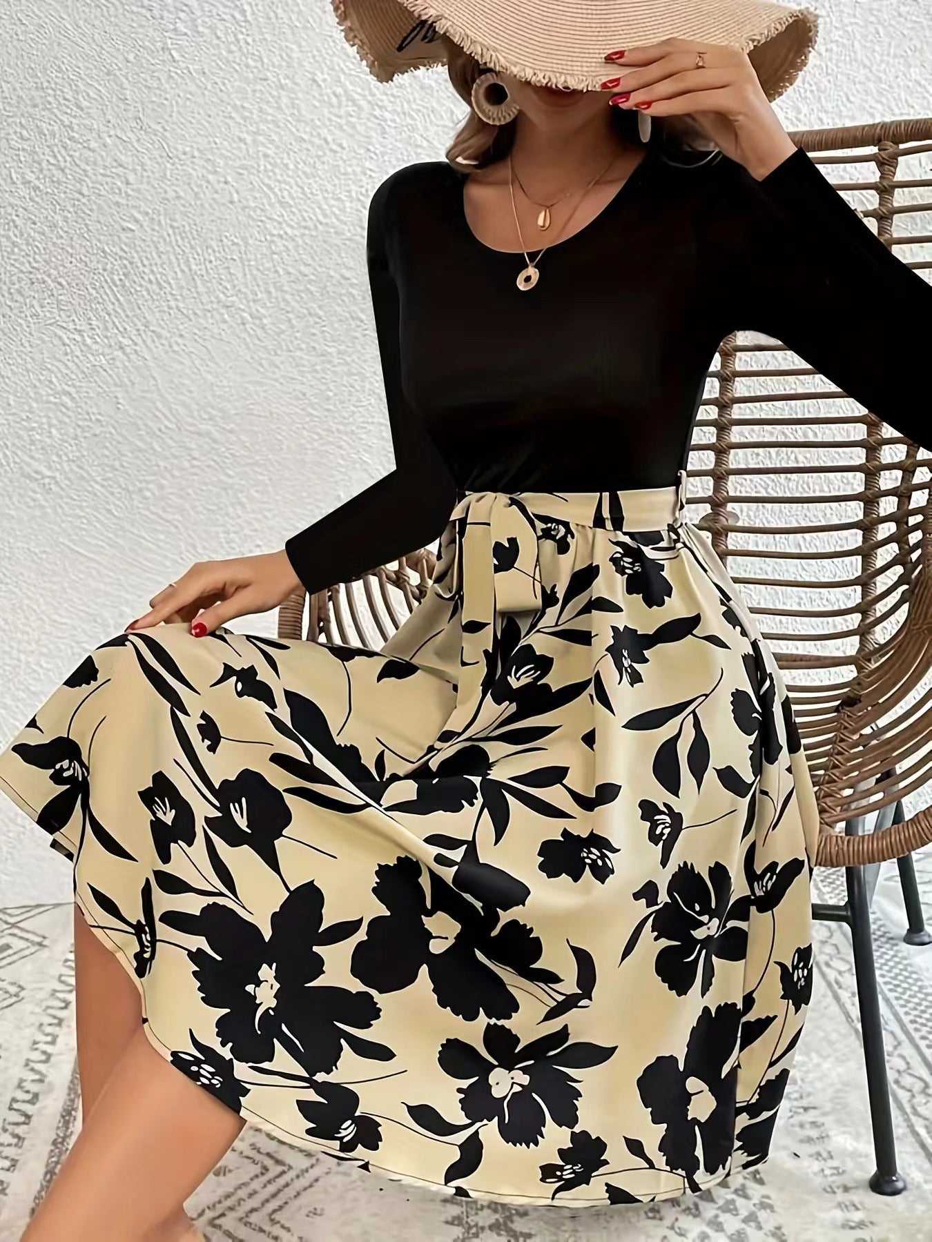 Damenkleid Elegantes Midikleid Floral Gesmoktes Oberteil Damenmode