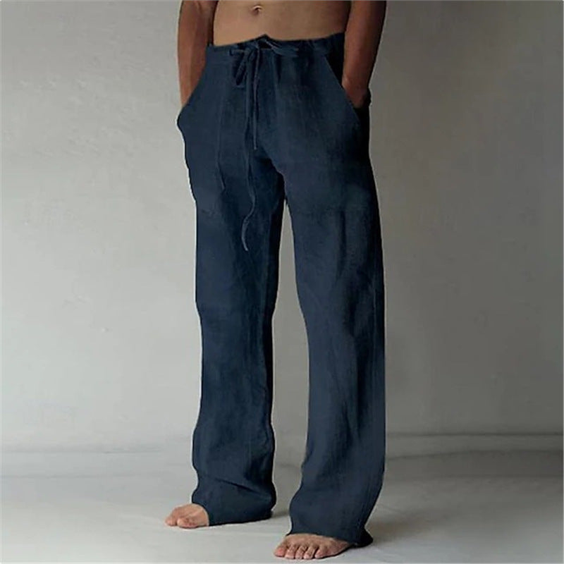 Herren Leinenhose Bequem mit Verstellbarem Bund und Seiten-Taschen