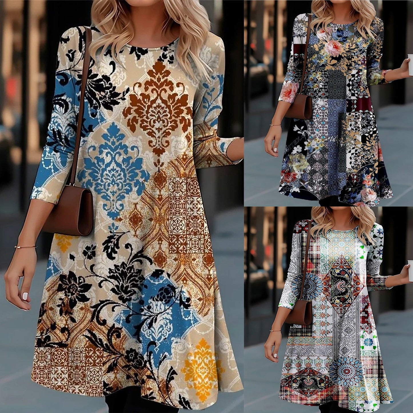 Damen Langarmkleid mit Farbenfrohem Muster Modern - BerlinGlamour