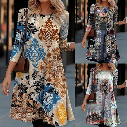 Damen Langarmkleid mit Farbenfrohem Muster Modern - BerlinGlamour