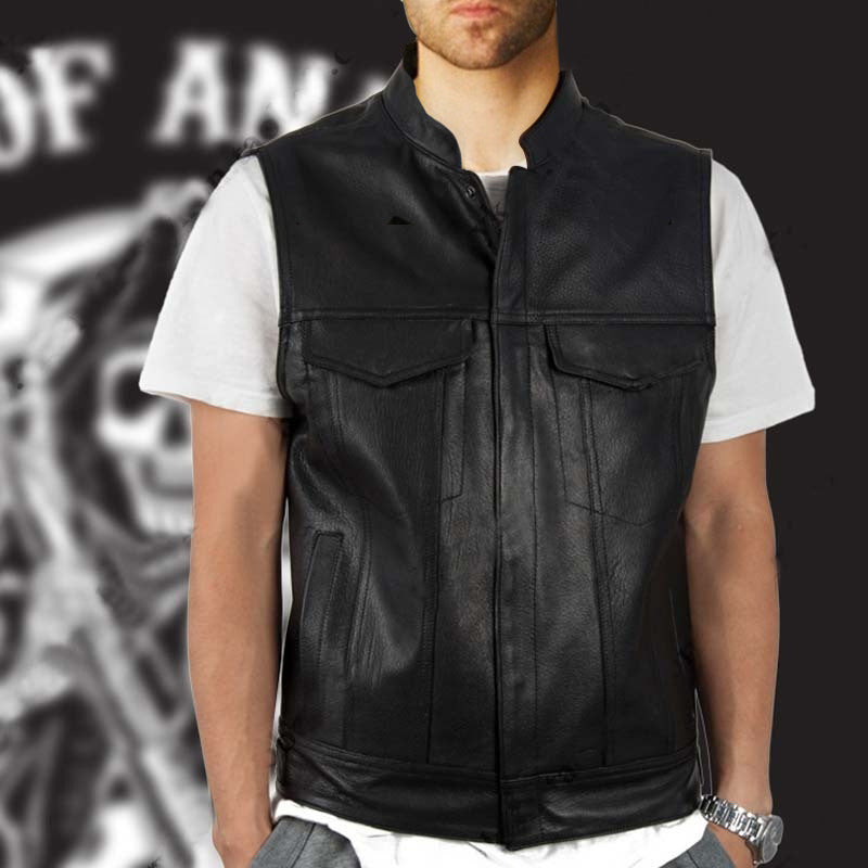 Herren Lederjacke Motorrad Weste Modern mit Taschen Schwarz