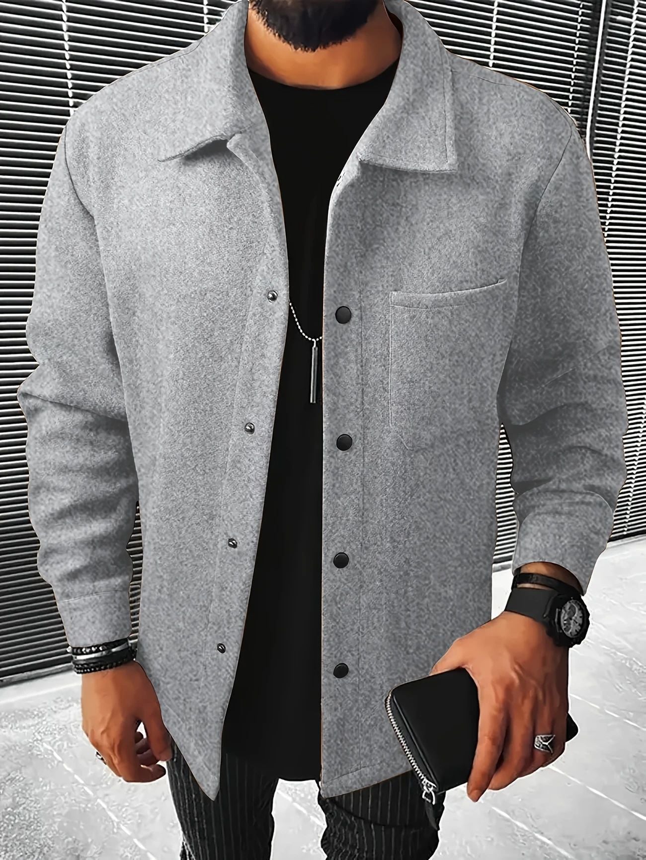 Herren Überwurfjacke Flauschig Modisch Schwarz